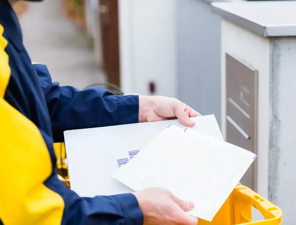 Facteur tenant des lettres recommandées devant une boîte aux lettres
