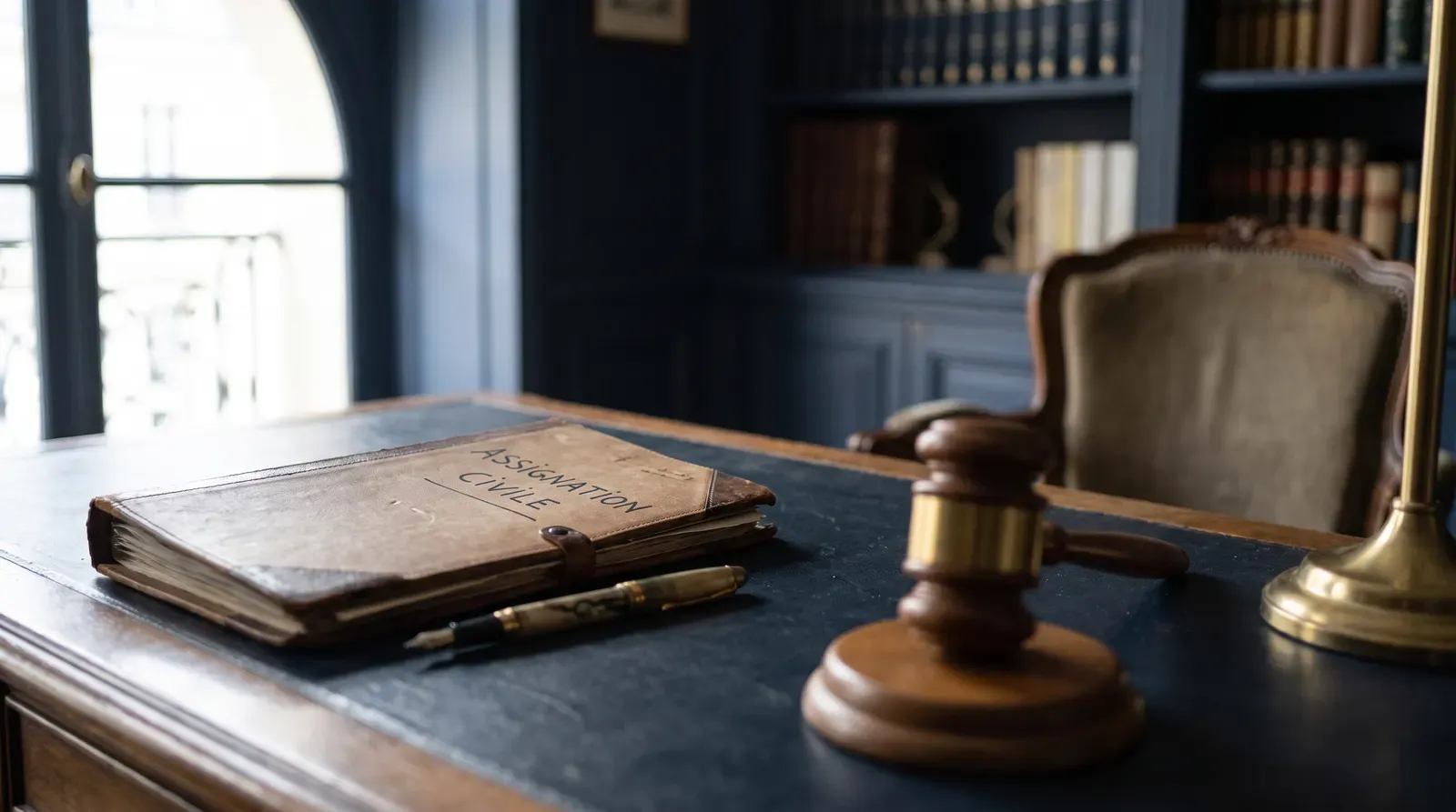 Dossier d’assignation civile, stylo plume et marteau de juge sur le bureau d’un avocat