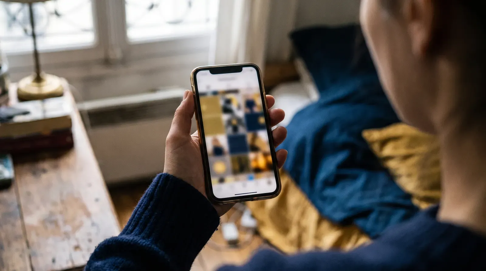 Personne consultant sur son smartphone des photos personnelles publiées sur un réseau social